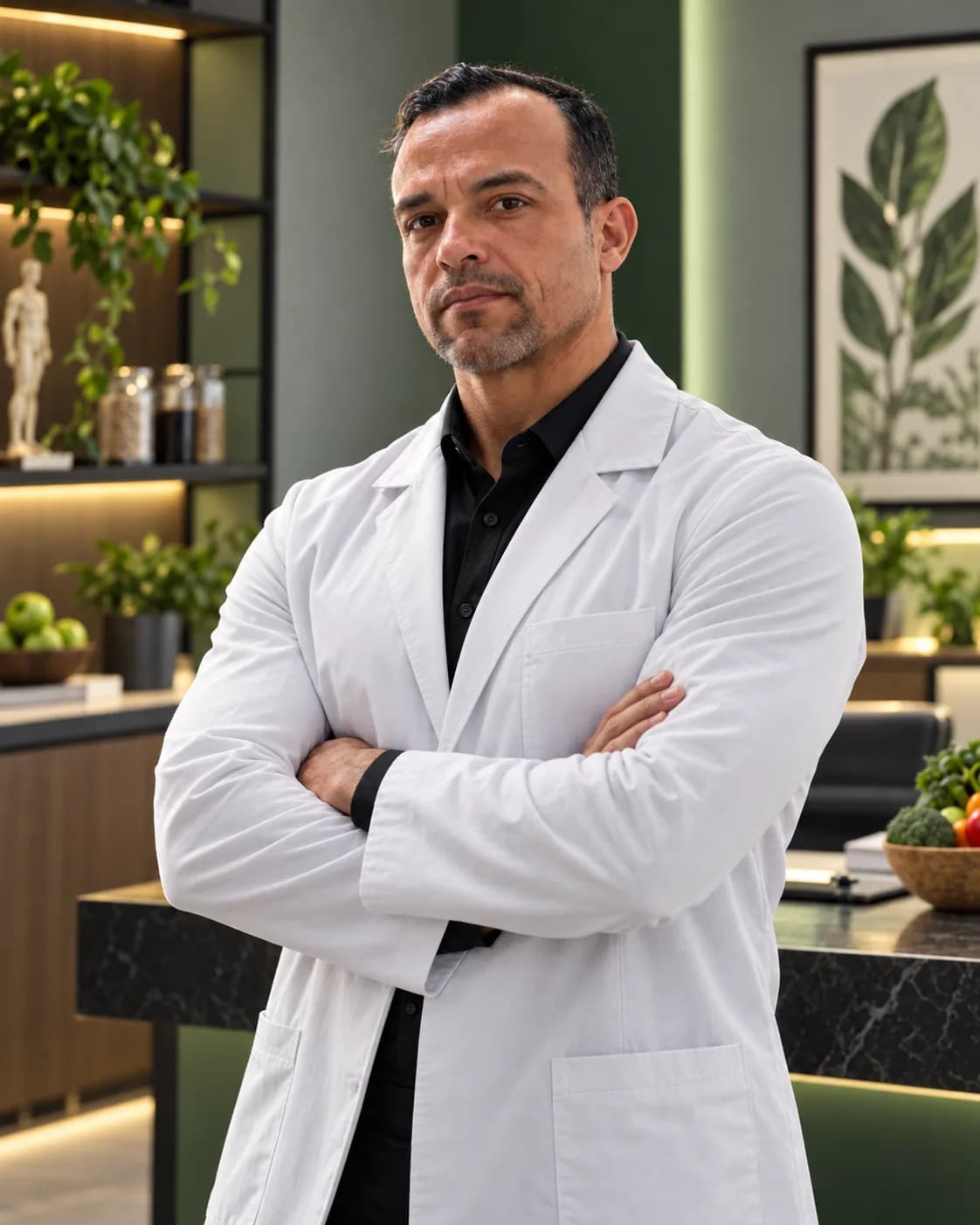 Dr. Rogério de jaleco branco em seu consultório de nutrição