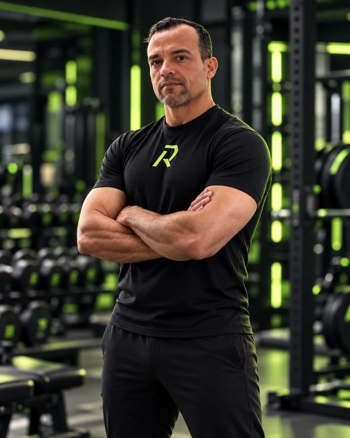 Dr. Rogério, nutricionista esportivo, em uma academia com iluminação dramática
